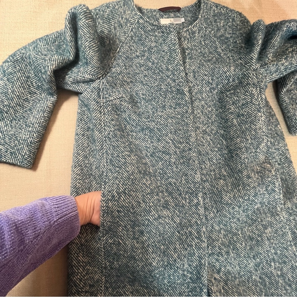Boden Wool Alpaca Herringbone Coat Teal Blue Collarless Raglan Sleeve Size 8P - Picture 8 of 13
